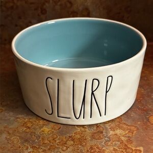 NEW Rae Dunn SLURP Dog Bowl White / Aqua Ceramic